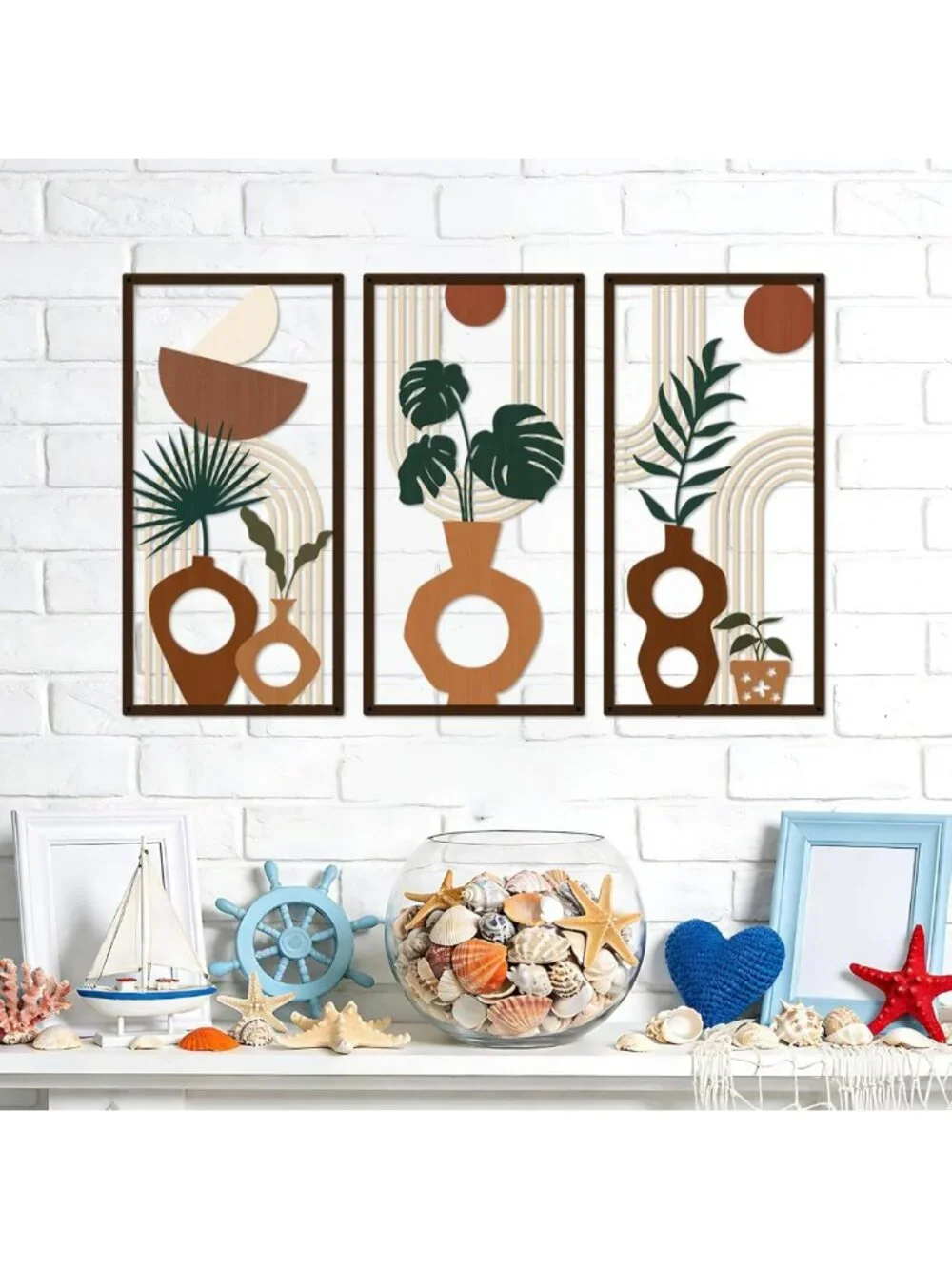 3 Pcs Boho Metal Wall Art Set - Mid Century Modern Plant Vase Decor, Tropical